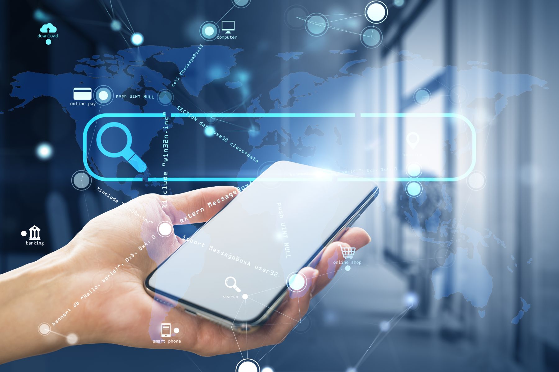 Hand holding a smartphone surrounded by a digital network of business connections